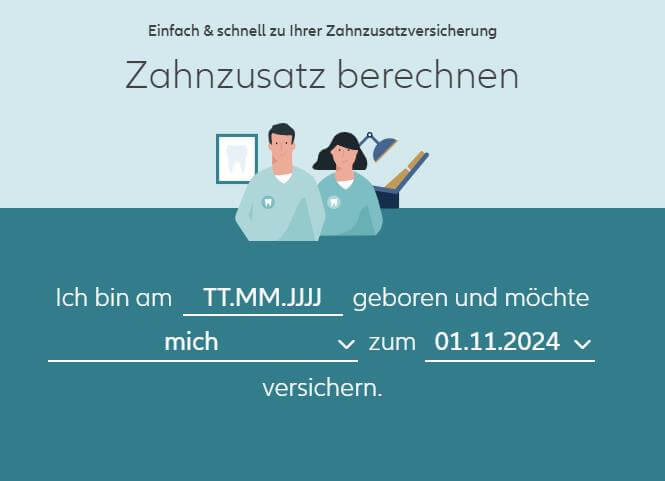 Eingabemaske zum Berechnen einer Zahnzusatzversicherung mit Geburtsdatum und gewünschtem Versicherungsbeginn