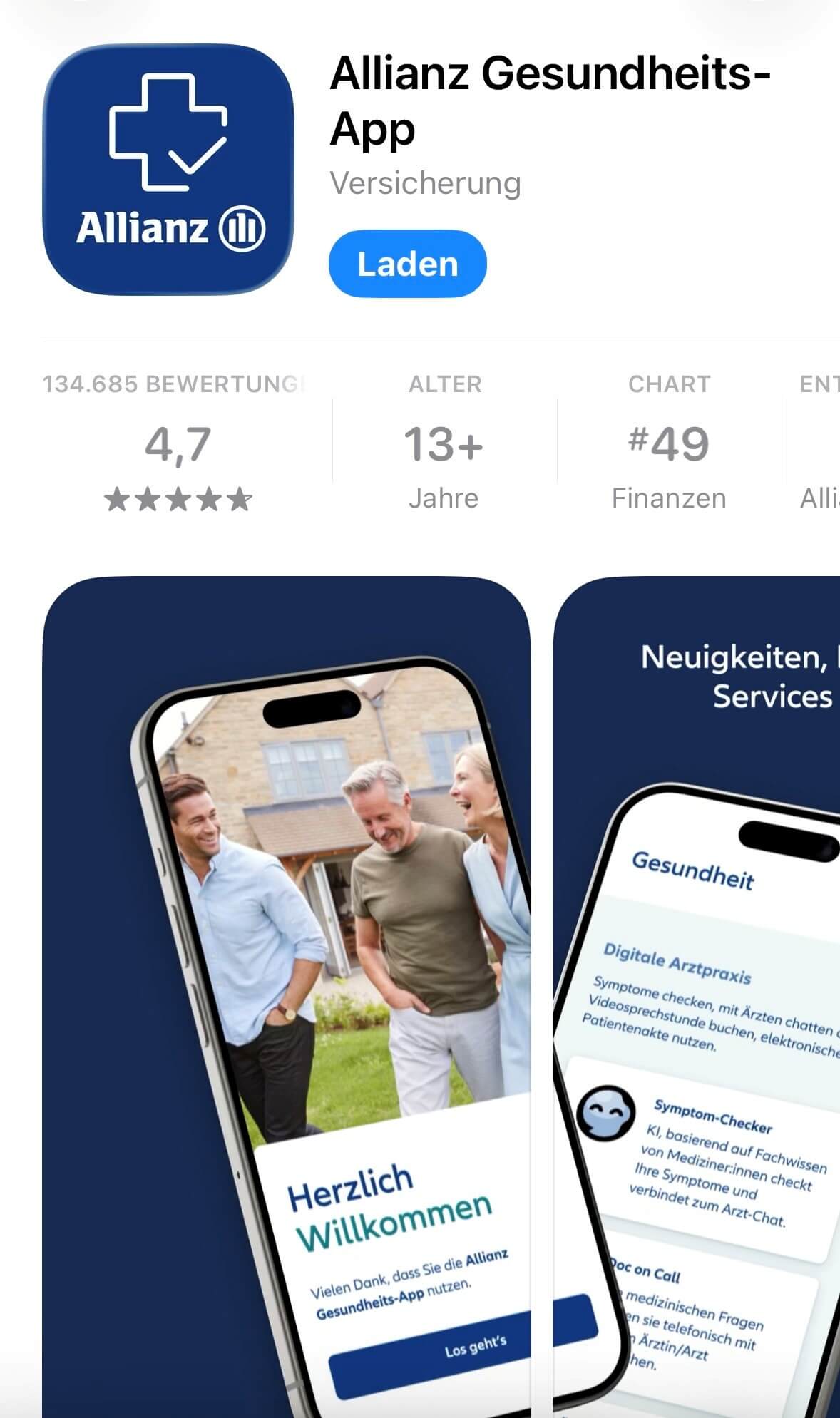 App-Store-Ansicht der Allianz Gesundheits-App mit Download-Button, Bewertung 4,7 und Vorschaubildern der App