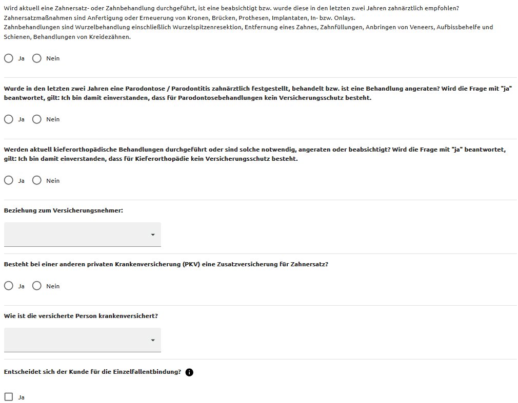 Ausschnitt eines Online-Formulars mit Ja/Nein-Fragen zu Zahnersatz, Parodontitis und Kieferorthopädie sowie Dropdown-Feldern zur Beziehung zum Versicherungsnehmer und zur Krankenversicherung.
