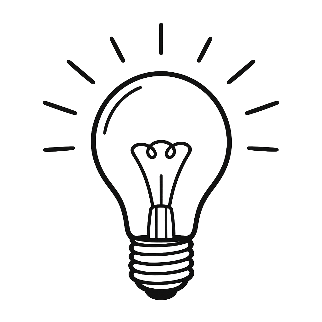 Schwarze Umrissgrafik einer leuchtenden Glühbirne mit Lichtstrahlen