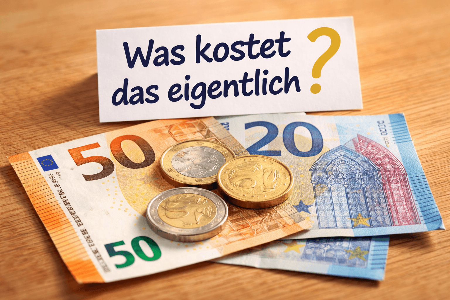 Schild mit Aufschrift &bdquo;Was kostet das eigentlich?&ldquo; auf 50- und 20-Euro-Scheinen mit Euro-Münzen